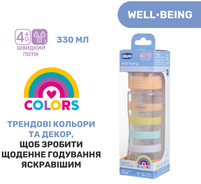 Пляшечка для годування пластикова Chicco Well-Being Colors з силіконовою соскою 4м+ 330 мл Помаранчева (28637.31) - зображення 2