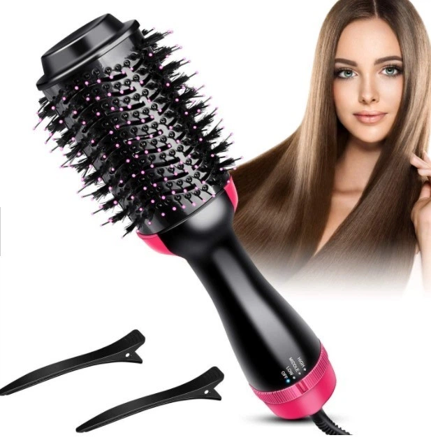 Одноступенчатый фен расчёска щетка для укладки волос стайлер 3 в 1 One Step Hair Dryer and Styler 1000 Вт Чёрно-розовый (2244) - изображение 2