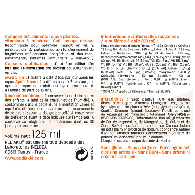 Сироп Pediakid 22 Вітаміна та Олігоелемента / 22 VITAMINES ET OLIGO-ÉLÉMENTS - Вітамінізація для дітей від 6 міс, 250 мл (PK24) - изображение 2
