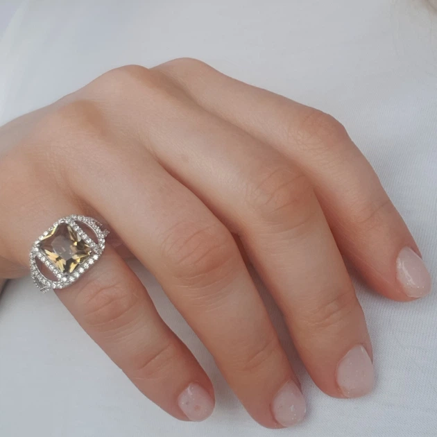 Срібна каблучка з натуральним цитрином nano 3.577ct, топазом білим, вага виробу 4,3 гр (2122913) - зображення 4