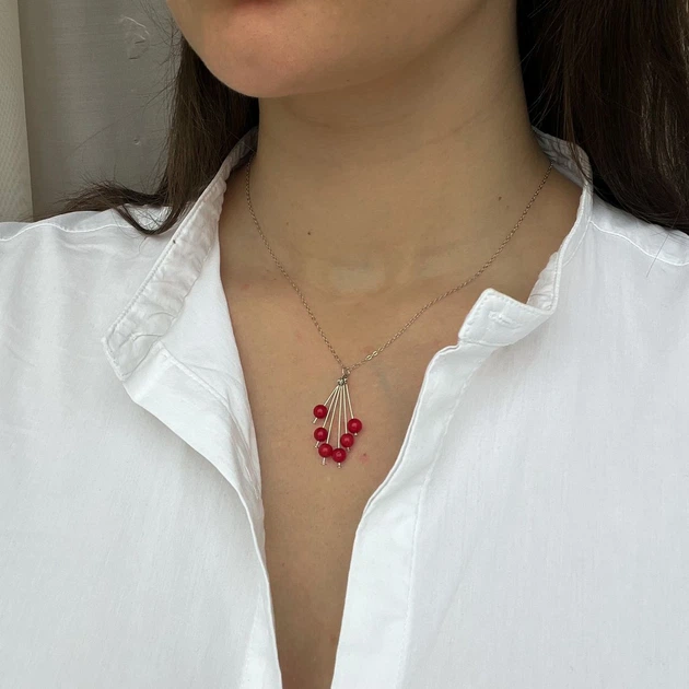 Серебряное колье с кораллом, вес изделия 3,99 гр (2131823) - изображение 5