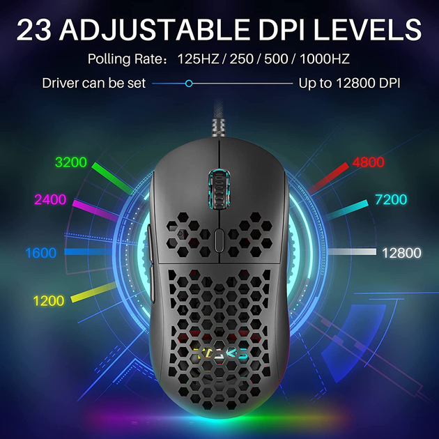 Игровая эргономичная мышь Dierya, RGB, 12800 DPI и 6 программируемых кнопок Ultra Light-75г. Цвет - Черный - изображение 2