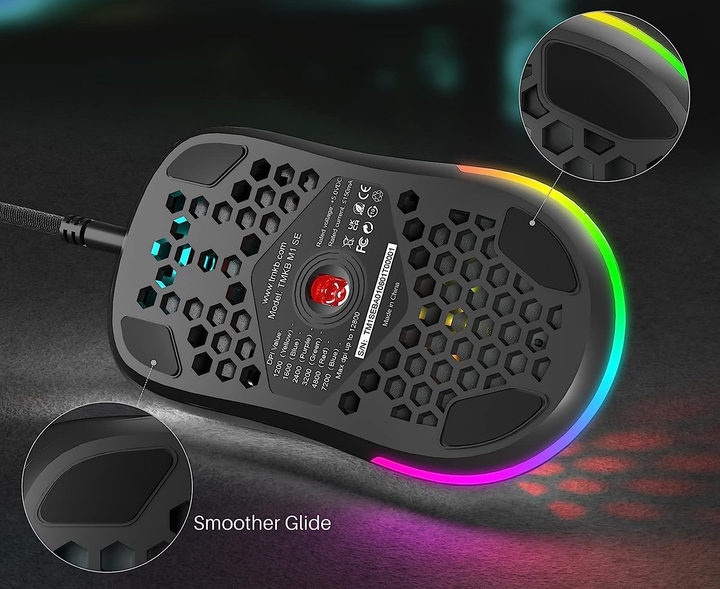 Игровая эргономичная мышь Dierya, RGB, 12800 DPI и 6 программируемых кнопок Ultra Light-75г. Цвет - Черный - изображение 6