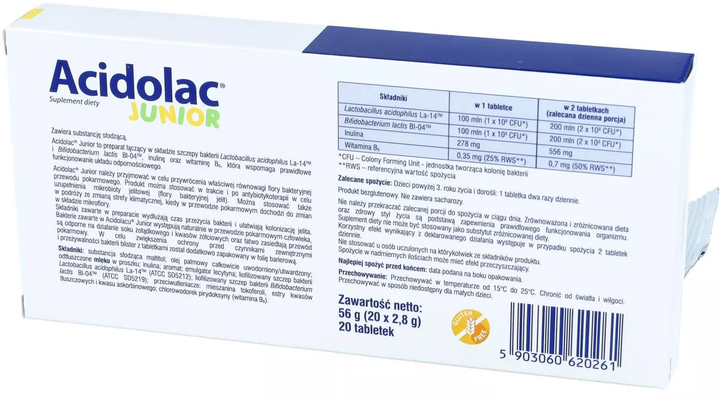 Acidolac Junior suplement diety o smaku białej czekolady 20 tabletek (5903060620261) - obraz 2