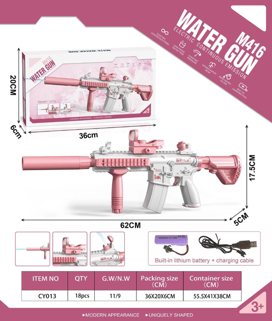 Дитячий електричний акумуляторний водяний автомат UKBOO із прицілом Water Gun M416 , Pink ( HQB007702 ) - зображення 3