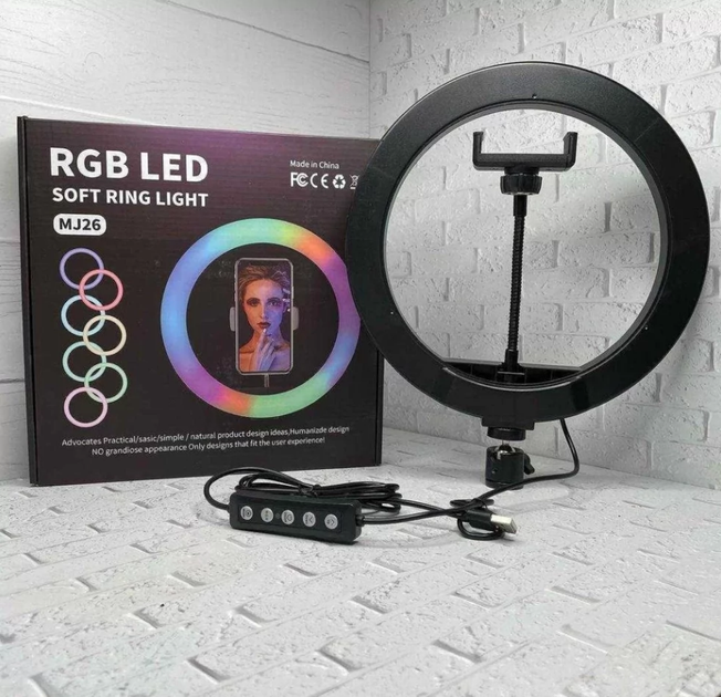Кольцевая светодиодная лампа RGB LED RING MJ26 26 см с держателем телефона для блоггеров - Фото 3 Кольцевая светодиодная лампа RGB LED RING MJ26 26 см с держателем телефона для блоггеров - изображение 3