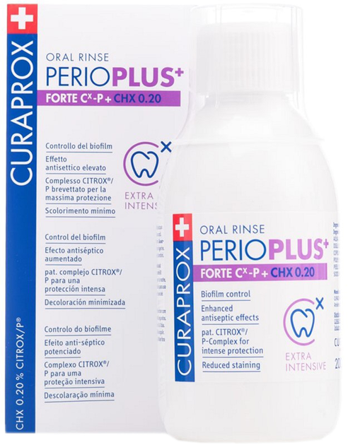 Płyn do płukania jamy ustnej Curaprox PerioPlus+ Forte zawierający Citrox i 0,2% chlorheksydyny 200 ml (7612412426731) - obraz 1