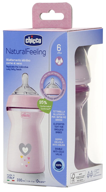 Chicco Natural Feeling Color plastikowa butelka do karmienia 330 ml 6 m+ Różowy (81335.10) (8058664153749) - obraz 2