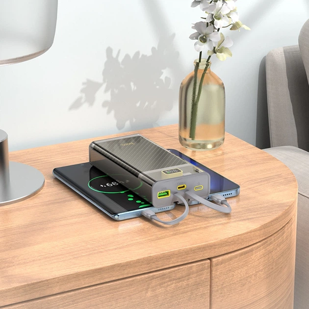 Повербанк Hoco J104A (20000mAh / Out: 2USB 22,5W QC3.0, Type-C 20W PD / In: Type-C 18W PD, cable Lightning, cable Type-C ) с LED Дисплеем, Cерый - изображение 3