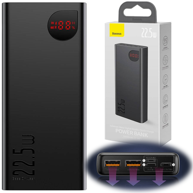 Повербанк Baseus PPAD 000101 Metal (20000mAh / Out: 2USB-A 22.5W QC3.0, Type-C PD 20W / In: Lightning, micro-USB, Type-C 18W ) с LED Дисплеем, черный - Фото 6 Повербанк Baseus PPAD 000101 Metal (20000mAh / Out: 2USB-A 22.5W QC3.0, Type-C PD 20W / In: Lightning, micro-USB, Type-C 18W ) с LED Дисплеем, черный - изображение 6