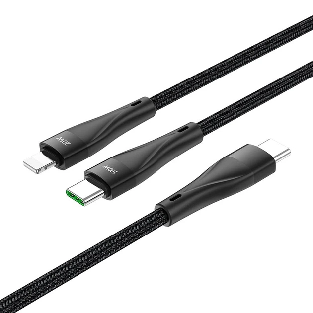 Кабель USB Hoco U102 Super 100W 2 in1 Type-C to Type-C+Lightning Чорний - Фото 2 Кабель USB Hoco U102 Super 100W 2 in1 Type-C to Type-C+Lightning Чорний - зображення 2
