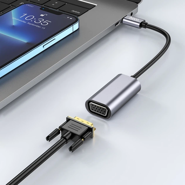 Адаптер переходник Hoco UA21 Type-C to VGA (F) 0.13m черно-серебристый - Фото 4 Адаптер переходник Hoco UA21 Type-C to VGA (F) 0.13m черно-серебристый - изображение 4