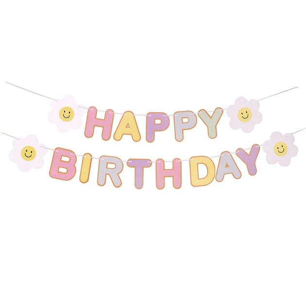 Гірлянда Розтяжка Паперова Happy Birthday З Ромашками | Макарун - Фото 2 Гірлянда Розтяжка Паперова Happy Birthday З Ромашками | Макарун - зображення 2