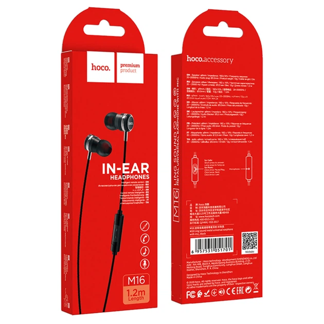 Навушники HOCO M16 Ling sound metal universal earphone with mic Black - изображение 5