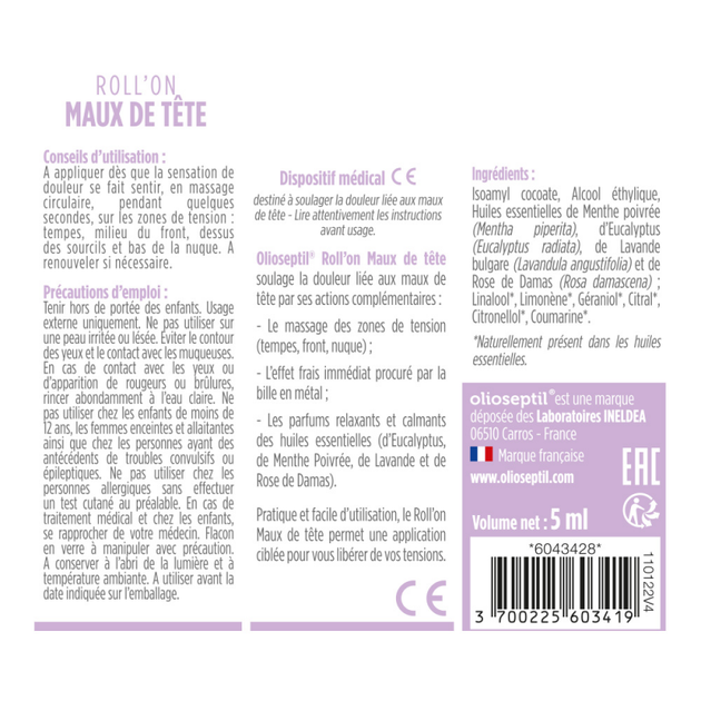 Ролер проти головного болю Olioseptil / ROLL-ON MAUX DE TETE - 4 ефірних олії, 5 мл (OL11) - зображення 2