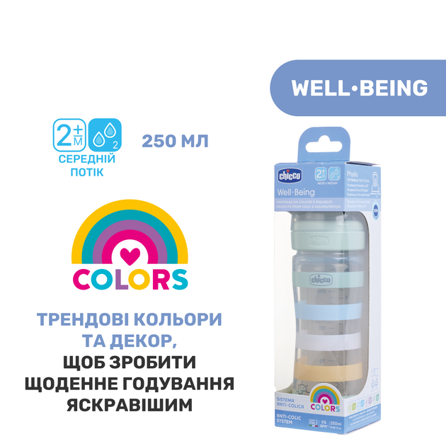 Пляшечка для годування пластикова Chicco Well-Being Colors з силіконовою соскою 2м+ 250 мл М'ятна (28623.21) - зображення 8