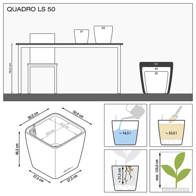 Вазон Lechuza Quadro Premium LS 50 Антрацитовый металлик - Фото 6 Вазон Lechuza Quadro Premium LS 50 Антрацитовый металлик - изображение 6