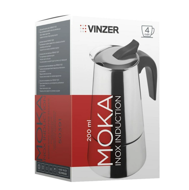 Гейзерна кавоварка 200 мл Vinzer Moka Inox Induction на 4 чашки (50391) - Фото 3 Гейзерна кавоварка 200 мл Vinzer Moka Inox Induction на 4 чашки (50391) - зображення 3