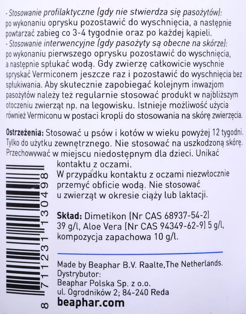 Preparat na pchły i kleszcze w sprayu BEAPHAR Vermicon 250ml (DLZBEPHIP0066) - obraz 4