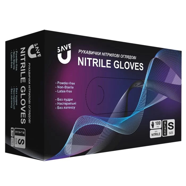 Смотровые нитриловые перчатки размер S черные SAVE U 50 пар - изображение 2
