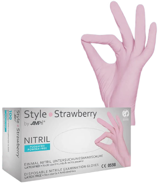 Рукавички нітрилові Ampri Style Strawberry неопудрені Размер ХS 100 шт Світло-рожеві (4044941008912) - зображення 1