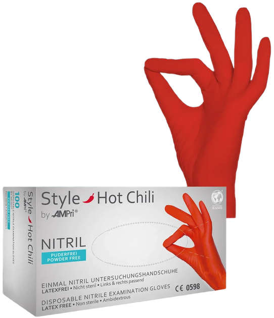 Рукавички нітрилові Ampri Style Hot Chili неопудрені Размер XS 100 шт Червоні (4044941026688) - зображення 1