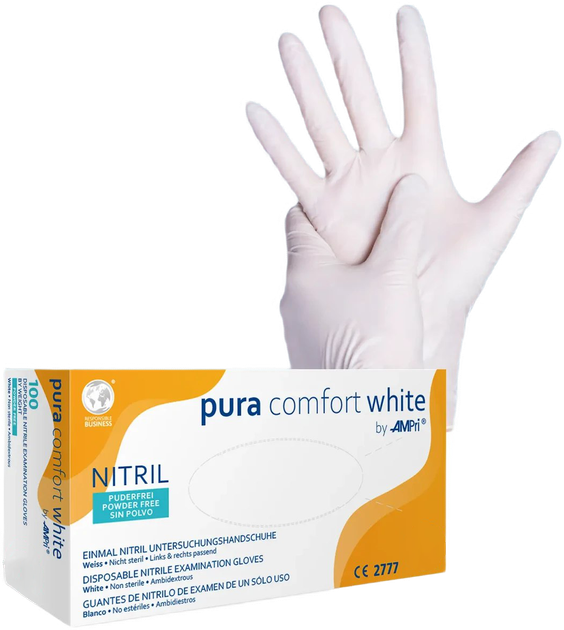 Рукавички нітрилові Ampri Puracomfort White неопудрені Размер M 100 шт Білі (4044941009810) - зображення 1