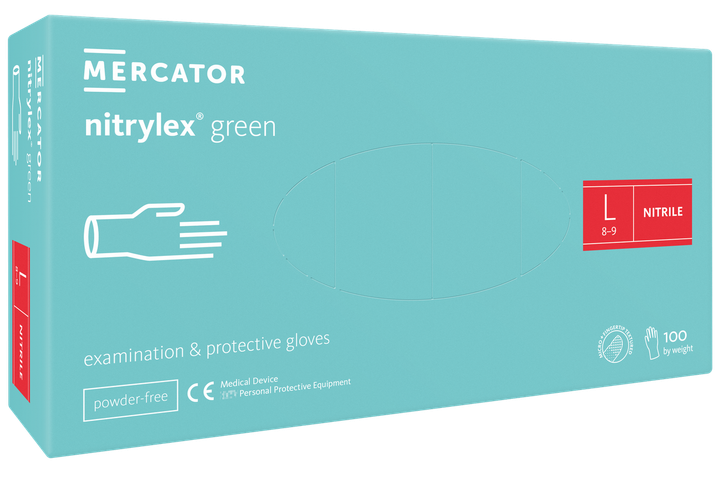 Рукавички нітрилові оглядові Mercator GREEN М'ятні нестерильні неприпудрені L 100 шт - изображение 1