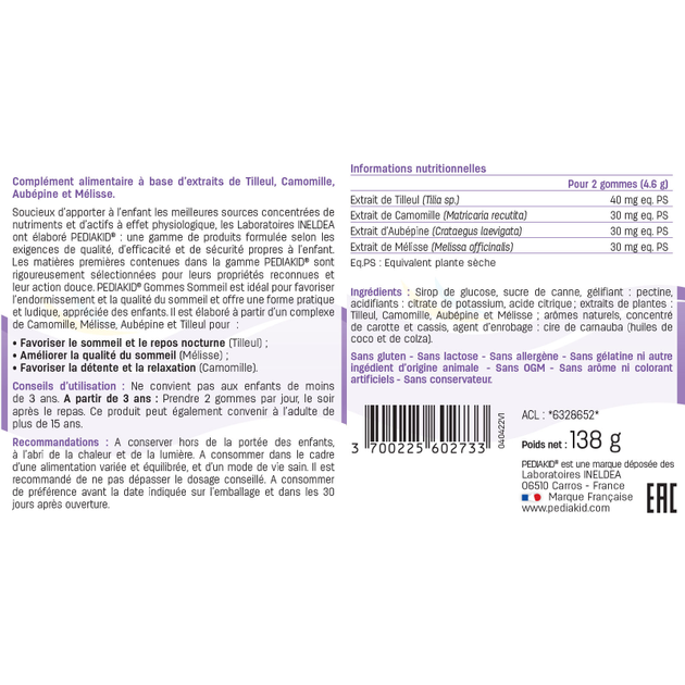 Ведмежуйки Pediakid Сон для дітей / GOMMES SOMMEIL - екстракти липи, ромашки, глоду та меліси, 60 жувальних вітамінів (PK38) - изображение 2