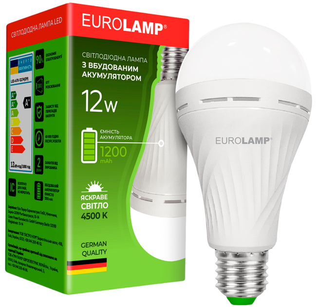 Светодиодная лампа с аккумулятором EUROLAMP A70 12W 4500K 220V E27 с .