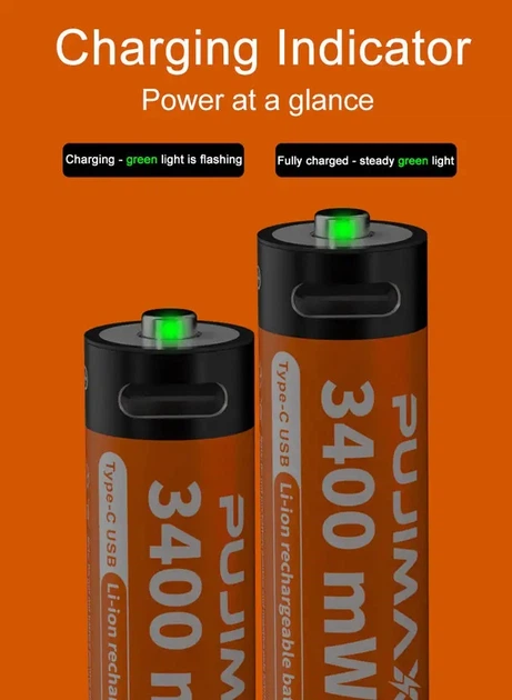 Акумулятор USB Type-C AA 3400mwh 1.5v Lithium Ion Li-Ion - батарея, що перезаряджається 2 шт Pujimax - зображення 2