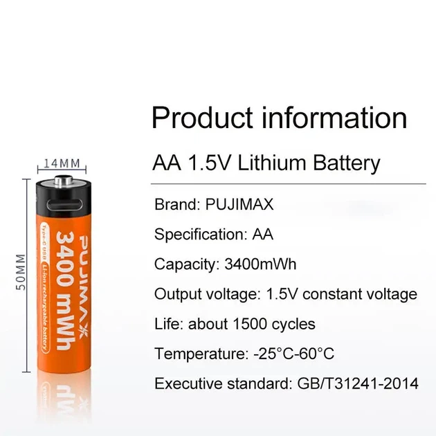 Акумулятор USB Type-C AA 3400mwh 1.5v Lithium Ion Li-Ion - батарея, що перезаряджається 2 шт Pujimax - зображення 11