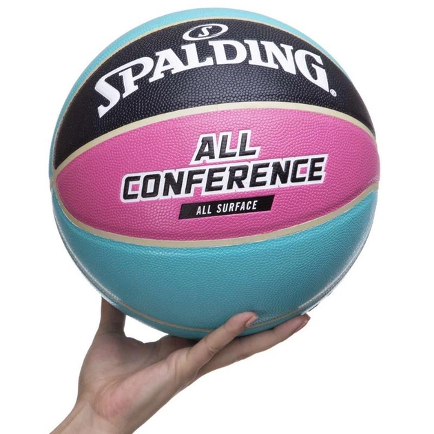 Мяч баскетбольный SPALDING 76895Y ALL CONFERENCE №7 голубой-черный - Фото 6 Мяч баскетбольный SPALDING 76895Y ALL CONFERENCE №7 голубой-черный - изображение 6