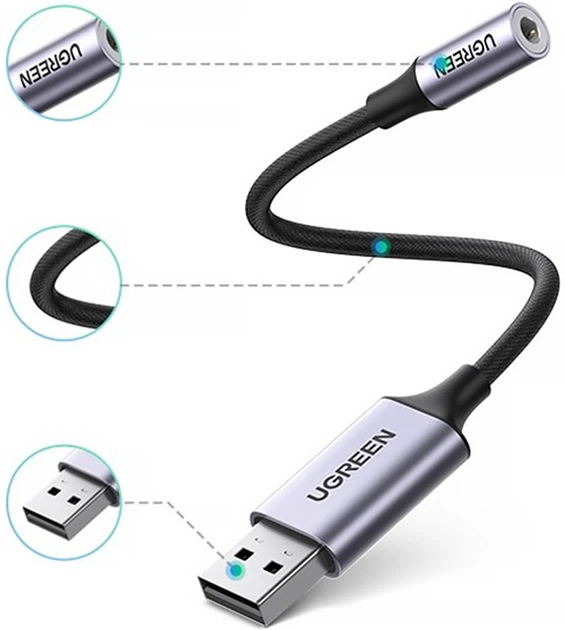 Karta dźwiękowa Ugreen CM477 USB AUX Jack TRRS (Mic + Ear) KT0210 25 cm Czarny (6957303837571) - Zdjęcie 5 Karta dźwiękowa Ugreen CM477 USB AUX Jack TRRS (Mic + Ear) KT0210 25 cm Czarny (6957303837571) - obraz 5