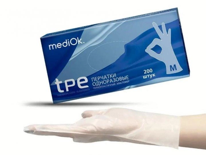 Перчатки TPE (нитриловые) MediOk, без пудры, прозрачные (размер M, 200 шт), НФ-00000050 - изображение 1