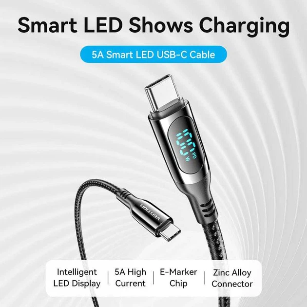 Kabel Vention Zinc Alloy USB 3.1 Type-C M-M 1.2 m 100 W z wyświetlaczem Czarny (TAYBAV) - obraz 4