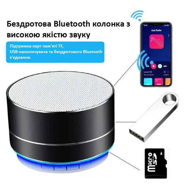 Мини блютус колонка A10 с подсветкой мощность 3W поддержка AUX/TF/USB ...