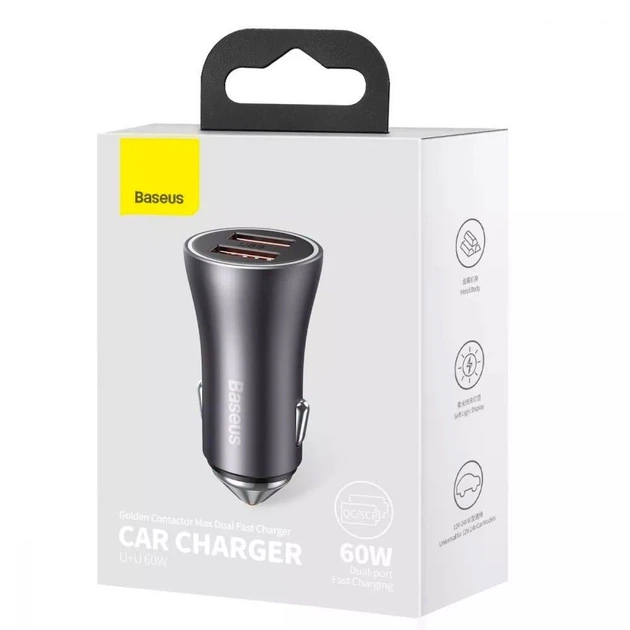 Автомобильное зарядное устройство Baseus Golden Contactor Max Dual Fast Charger Car Charger U+U 60W Dark Gray (759782) - изображение 7