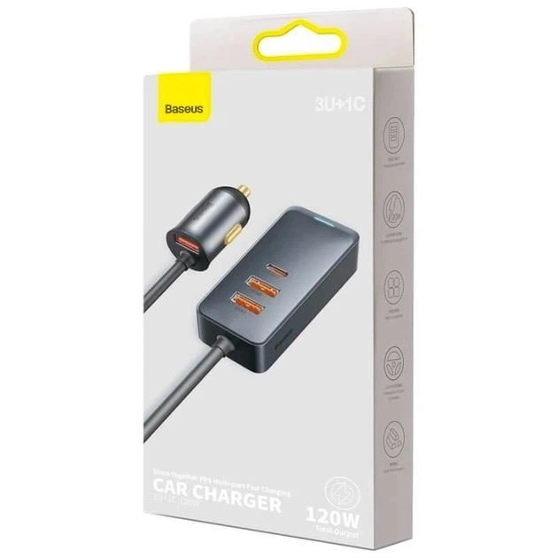 АЗУ Baseus Share Together PPS multi-port Fast charging car charger with extension cord 120W 3U+1C для зарядки в машине Gray (752002) - Фото 7 АЗУ Baseus Share Together PPS multi-port Fast charging car charger with extension cord 120W 3U+1C для зарядки в машине Gray (752002) - изображение 7