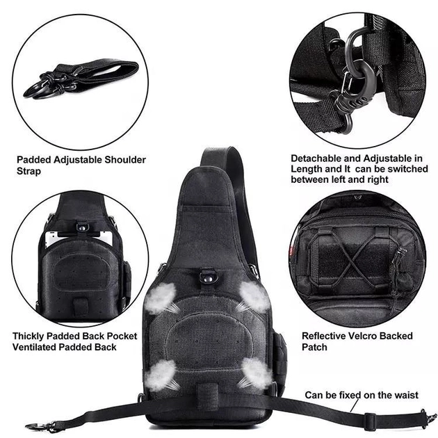Однолямочный тактический рюкзак, городская военная сумка Tactical на 6 л. Black (28х18х13 см) - изображение 2