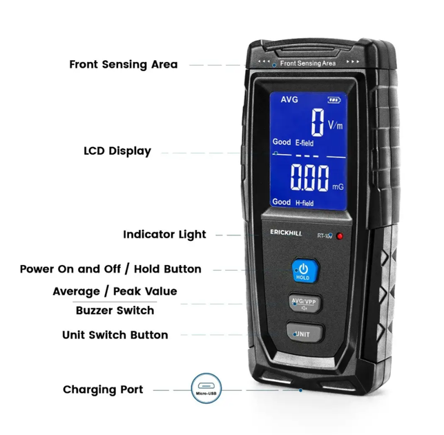 ERICKHILL RT-100 EMF Meter перезаряжаемый цифровой детектор электромагнитного излучения - изображение 5
