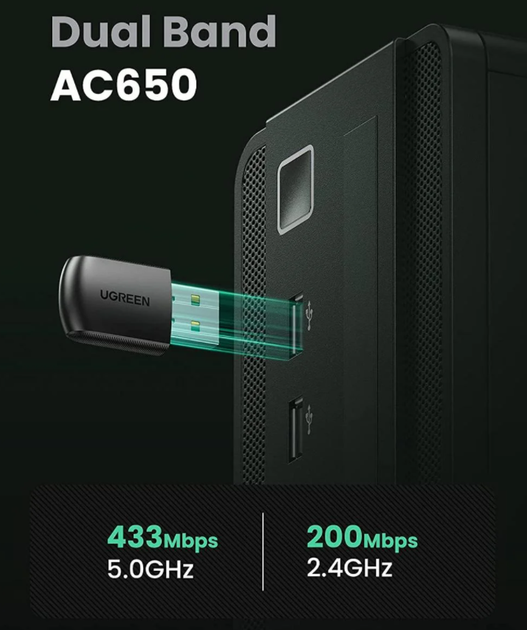 Адаптер Wifi UGREEN AC650 (CM448) двохдіапазонний, 5G/2.4 G - Фото 5 Адаптер Wifi UGREEN AC650 (CM448) двохдіапазонний, 5G/2.4 G - зображення 5