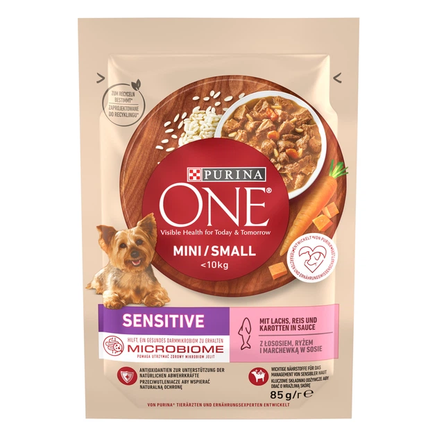 Упаковка влажного корма Purina One Mini/Small Sensitive для взрослых собак мелких пород с чувствительным пищеварением, с лососем, рисом и морковью 26 шт по 85 г (8445290332523) - изображение 2