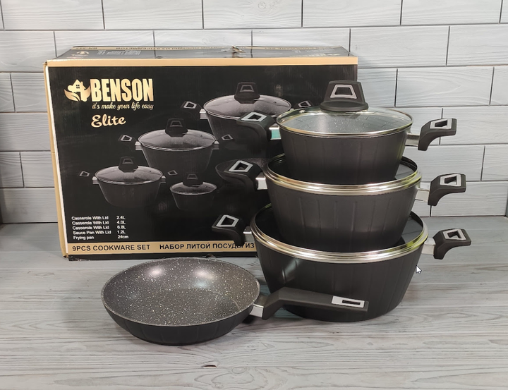 Набор посуды Benson 7 предметов с мраморным покрытием (BN-344) - Фото 1 Набор посуды Benson 7 предметов с мраморным покрытием (BN-344) - изображение 1