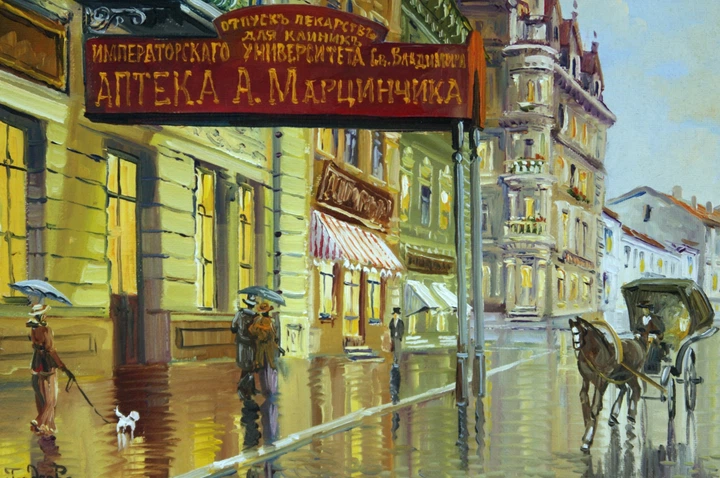 Картина маслом 35х50см Под дождем Крещатика старый город люди трамвай карета аптека Киев на холсте ручная работа художника Alleya-kartin - изображение 4