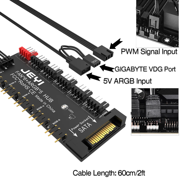PWM-контролер JEYI для вентиляторов 4pin и ARGB подсветки 3pin хаб питания (6xFan & 5xARGB HUB) - изображение 3