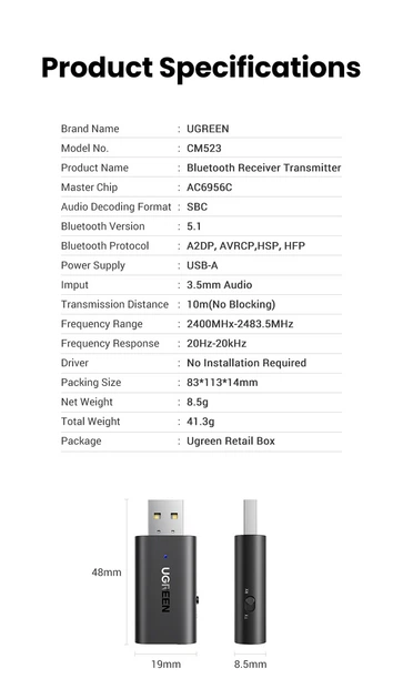 Автомобільний приймач Bluetooth UGREEN CM523 Bluetooth 5.1 AUX 3.5 мм 2 в 1 - зображення 10