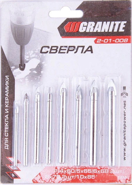 Набір свердел "піка" для скла та плитки GRANITE 8 шт (4х60/5х65/2 шт 6х68/2 шт 8х70/10х85/12х90 мм) 2-01-008 - Фото 2 Набір свердел "піка" для скла та плитки GRANITE 8 шт (4х60/5х65/2 шт 6х68/2 шт 8х70/10х85/12х90 мм) 2-01-008 - зображення 2