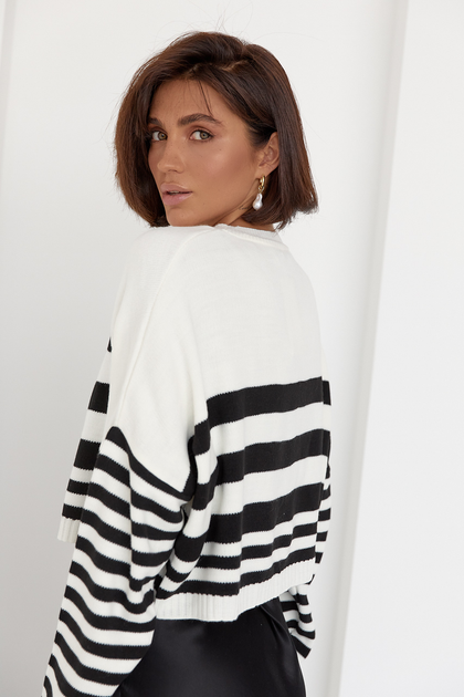 Укороченная вязаная кофта в полоску молочный цвет L от продавца: YC ...