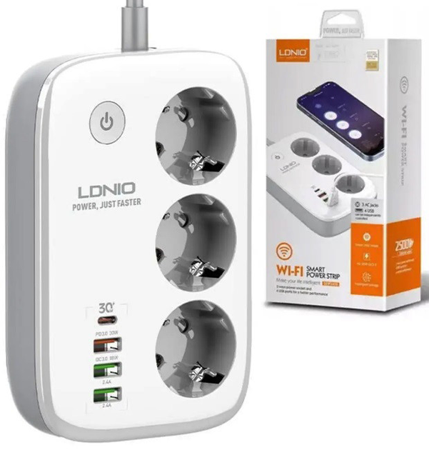 Сетевой фильтр LDNIO SEW3452 удлинитель 3 розетки 3 USB 1 Type-C WiFi ...
